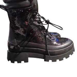 Black Sequin Lace-Up Boots